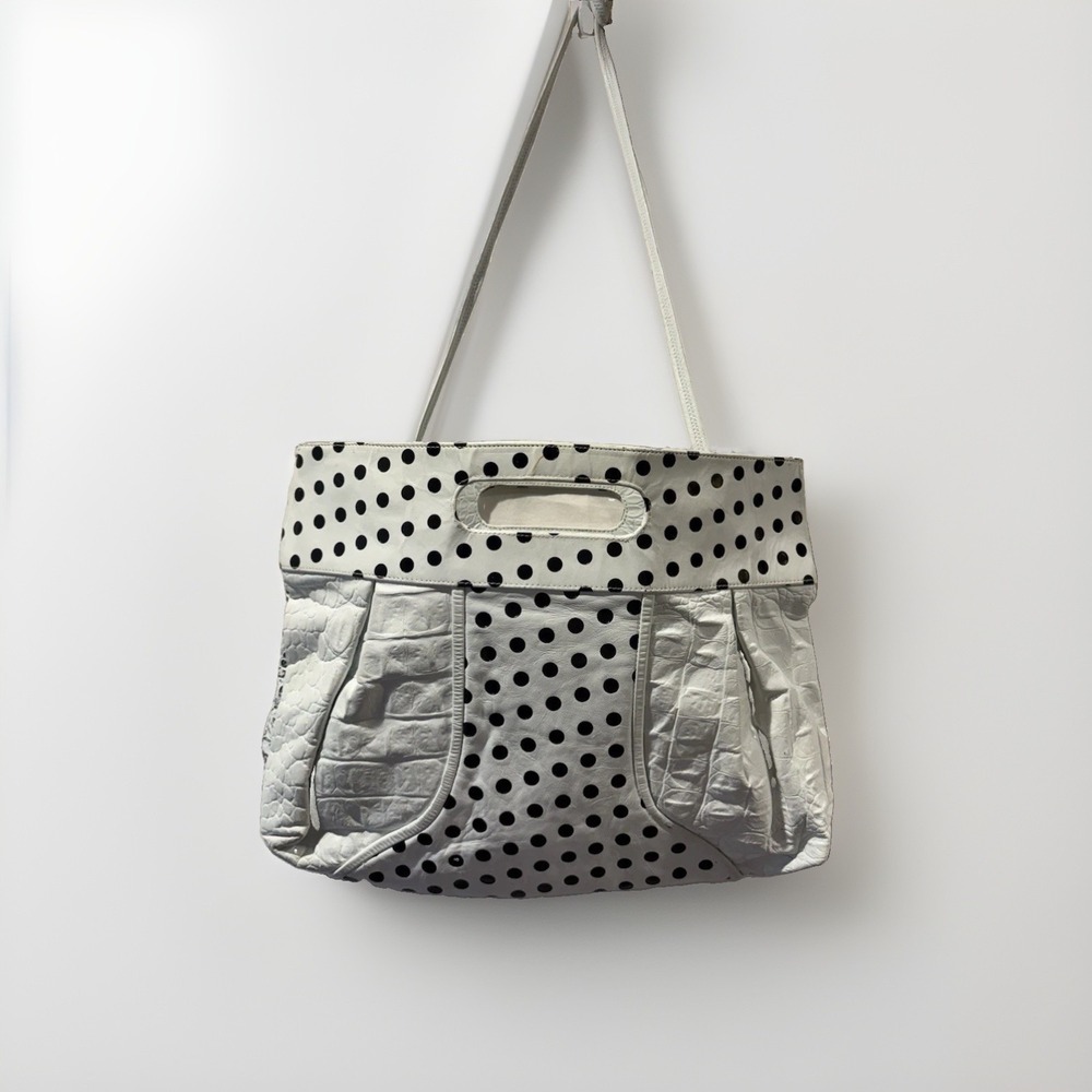 Maxim Vintage Leather White Black Polka Dot Top Handle Tote Croc Embossed Bag